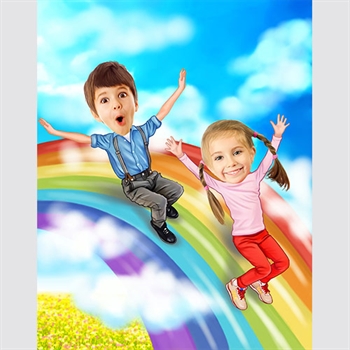 Caricature of Two Children Sliding Down A Rainbow,by myDaVinci - myDaVinci